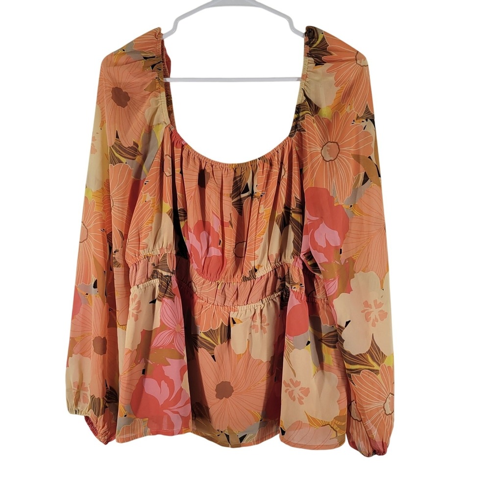 DR2 Floral Peplum Babydoll Blouse Large Orange Square Neck Balloon Sleeve Top